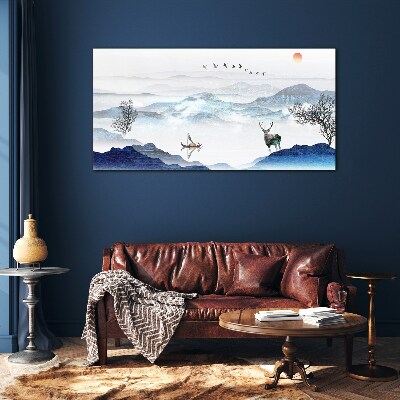 A peaceful mountain landscape with a deer Glass Wall Art