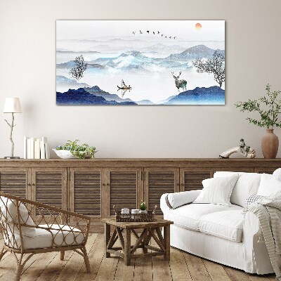 A peaceful mountain landscape with a deer Glass Wall Art