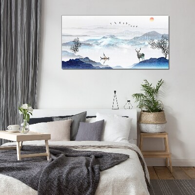 A peaceful mountain landscape with a deer Glass Wall Art