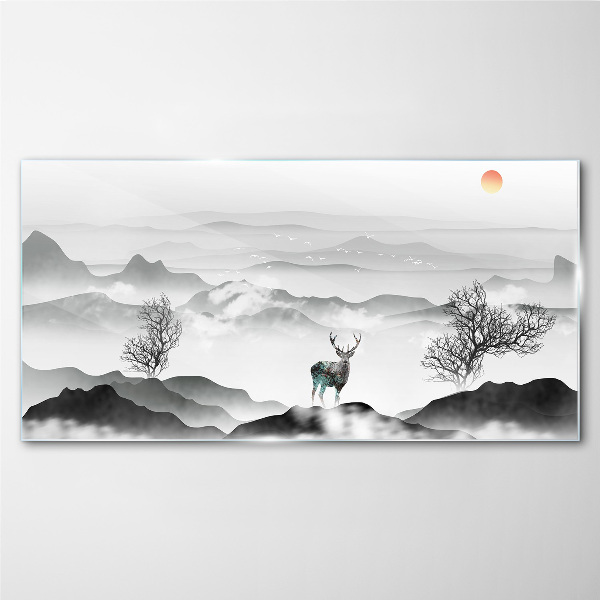 Peaceful landscape with deer Glass Wall Art