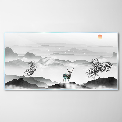 Peaceful landscape with deer Glass Wall Art