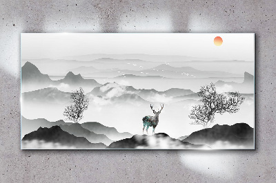 Peaceful landscape with deer Glass Wall Art