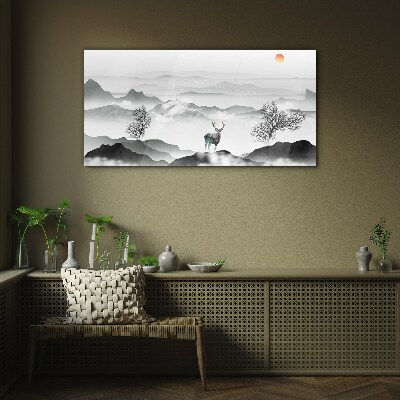 Peaceful landscape with deer Glass Wall Art