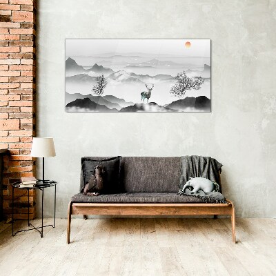 Peaceful landscape with deer Glass Wall Art