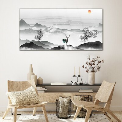 Peaceful landscape with deer Glass Wall Art