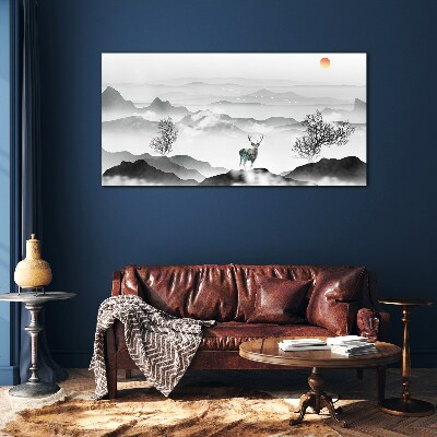 Peaceful landscape with deer Glass Wall Art