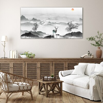Peaceful landscape with deer Glass Wall Art
