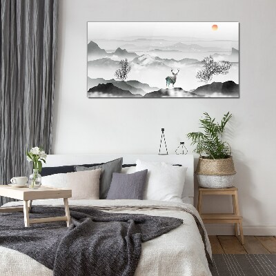 Peaceful landscape with deer Glass Wall Art