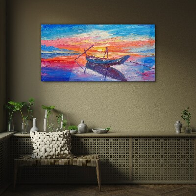 Boat sunset Glass Wall Art