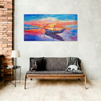 Boat sunset Glass Wall Art