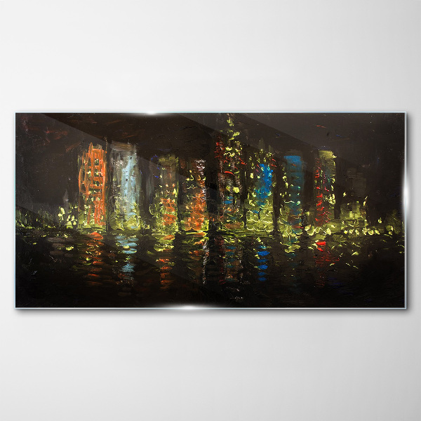 The city at night in the glow of lights Glass Wall Art