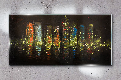 The city at night in the glow of lights Glass Wall Art