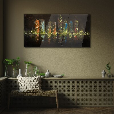 The city at night in the glow of lights Glass Wall Art