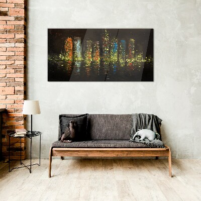 The city at night in the glow of lights Glass Wall Art