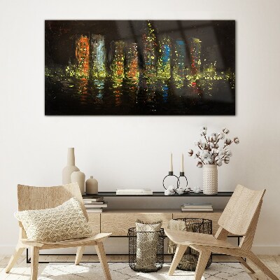 The city at night in the glow of lights Glass Wall Art