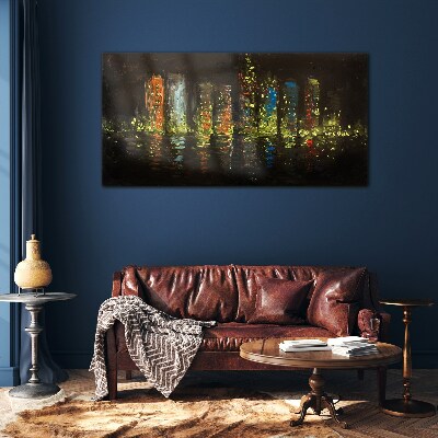 The city at night in the glow of lights Glass Wall Art