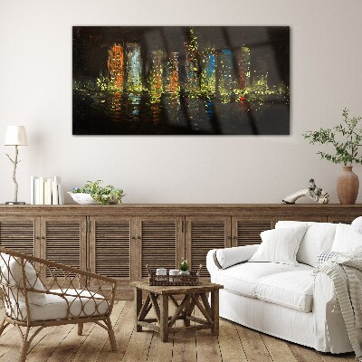 The city at night in the glow of lights Glass Wall Art
