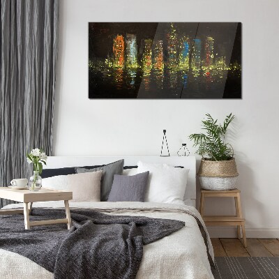 The city at night in the glow of lights Glass Wall Art