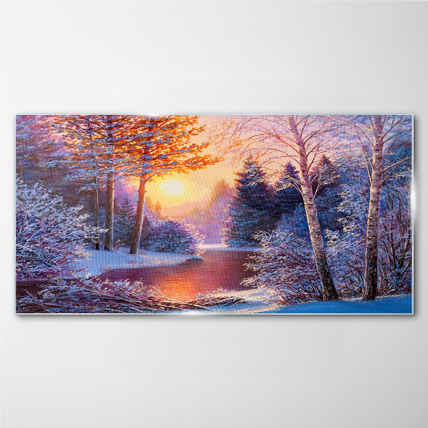 Winter twilight over the river Glass Wall Art