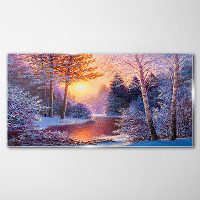 Winter twilight over the river Glass Wall Art