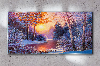 Winter twilight over the river Glass Wall Art