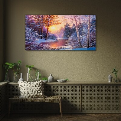 Winter twilight over the river Glass Wall Art