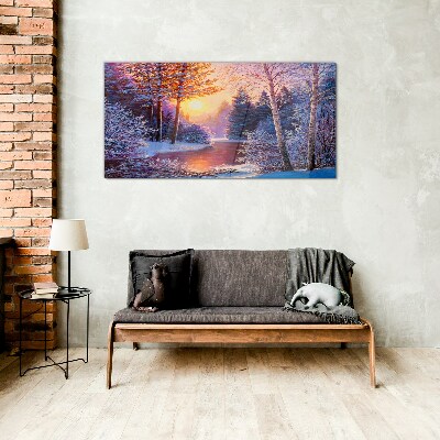 Winter twilight over the river Glass Wall Art