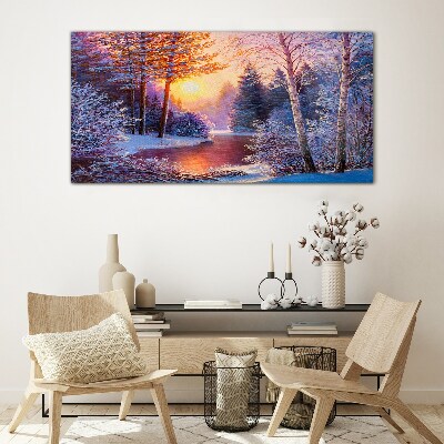 Winter twilight over the river Glass Wall Art