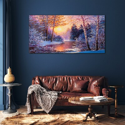Winter twilight over the river Glass Wall Art