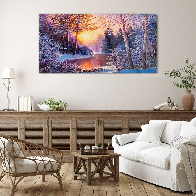 Winter twilight over the river Glass Wall Art