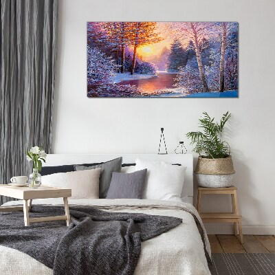 Winter twilight over the river Glass Wall Art