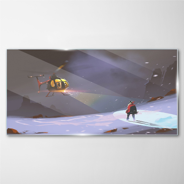 Helicopter in a mountain landscape Glass Wall Art