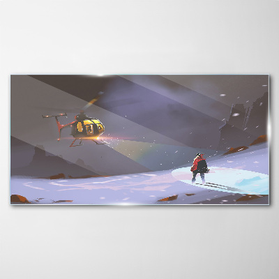 Helicopter in a mountain landscape Glass Wall Art