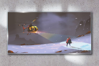 Helicopter in a mountain landscape Glass Wall Art