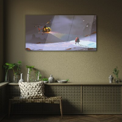 Helicopter in a mountain landscape Glass Wall Art