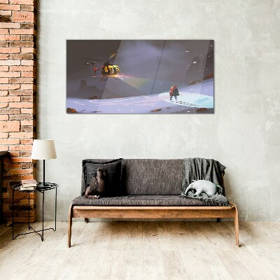 Helicopter in a mountain landscape Glass Wall Art