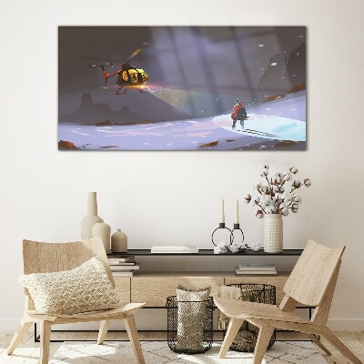 Helicopter in a mountain landscape Glass Wall Art