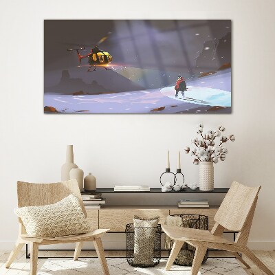 Mountain snow helicopter Glass Wall Art