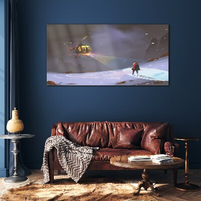Helicopter in a mountain landscape Glass Wall Art