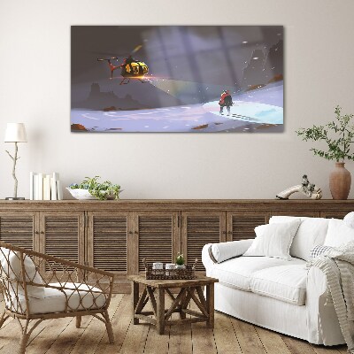 Helicopter in a mountain landscape Glass Wall Art