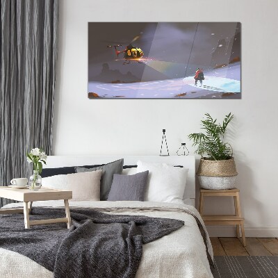 Helicopter in a mountain landscape Glass Wall Art