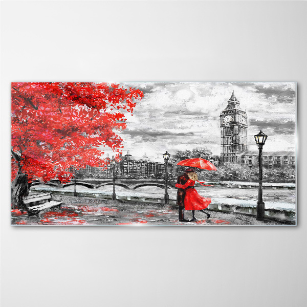 Red umbrella in rainy London Glass Wall Art