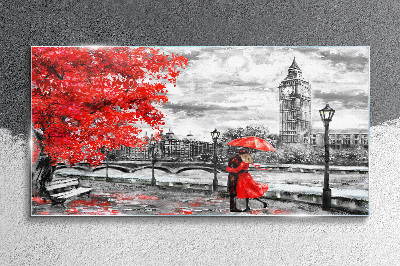 Red umbrella in rainy London Glass Wall Art