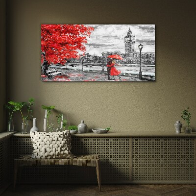 Red umbrella in rainy London Glass Wall Art
