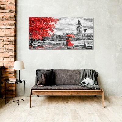 Red umbrella in rainy London Glass Wall Art