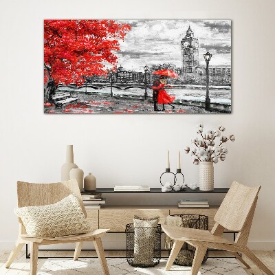Red umbrella in rainy London Glass Wall Art