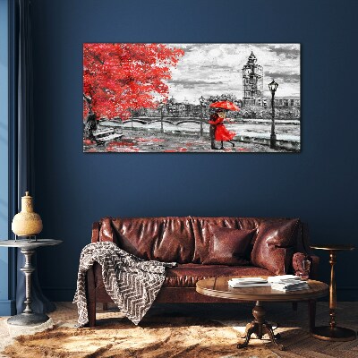 Red umbrella in rainy London Glass Wall Art