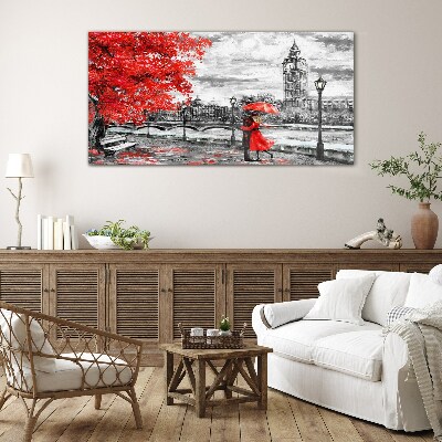 Red umbrella in rainy London Glass Wall Art