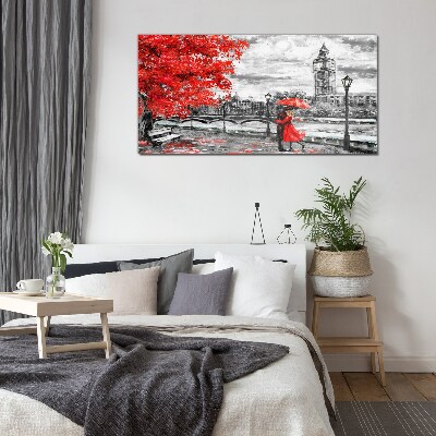 Red umbrella in rainy London Glass Wall Art