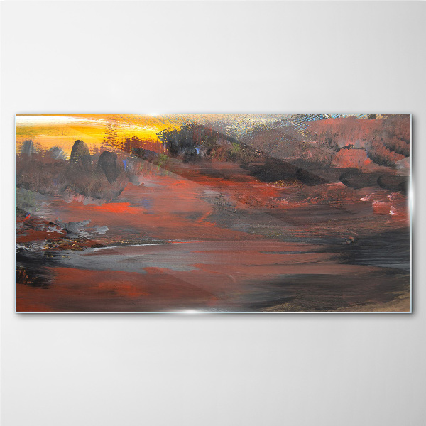 Sunset over a volcanic landscape Glass Wall Art